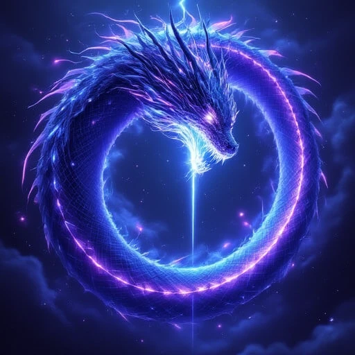piercing light, is predominantly blue and purple, gleaming white teeth and a long, composed of dark, ethereal appearance., digital artwork in the style of a futuristic, forming a closed loop., with its tail curling around itself. Its body is a gradient of dark blue to light blue, elongated scales and piercing eyes