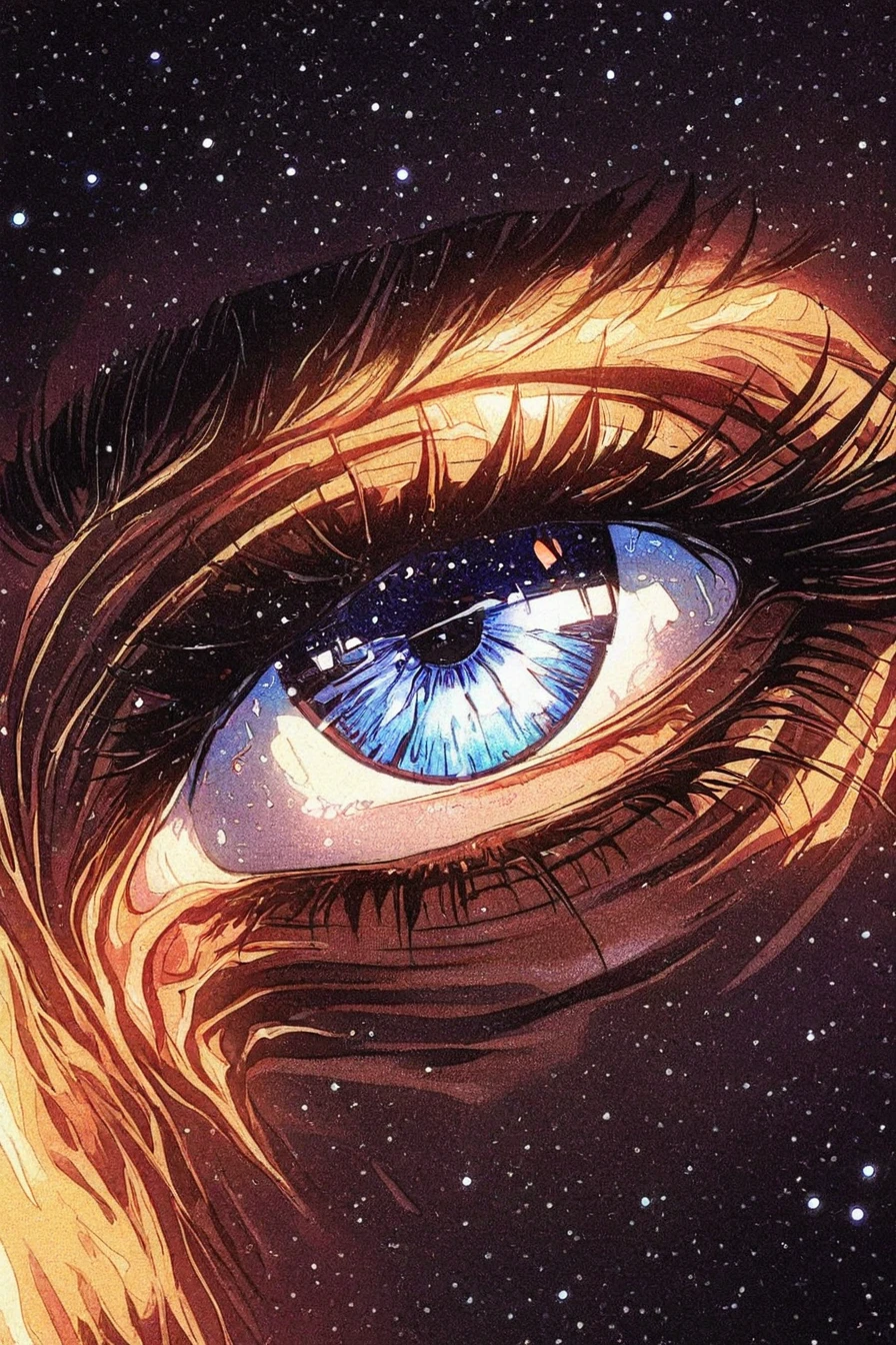 eye focus, starry sky, stars, blue eyes, <lora:neon_horror_noir_illustriousXL-000021:1>, neon_horror_noir_style, close-up, masterpiece, highres
