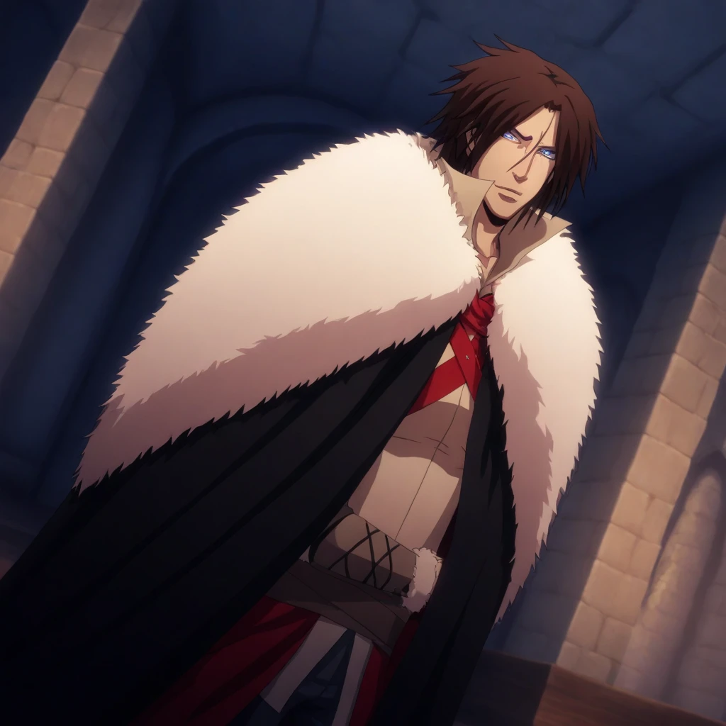 vampireHunter, 1boy, solo, brown hair, blue eyes, shirt, cape, fur trim, dutch angle, indoors, castle