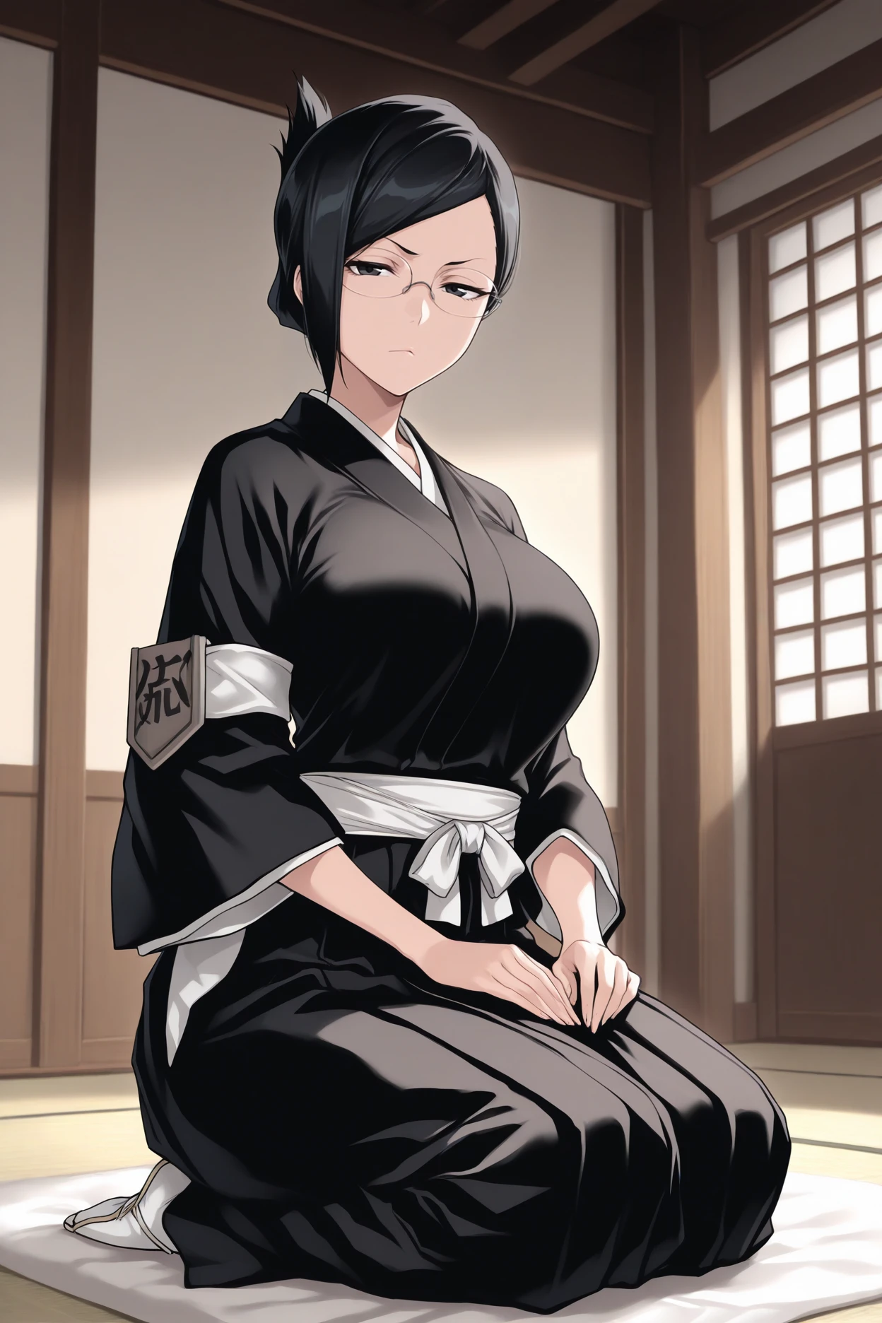 masterpiece, best quality, 1girl, solo, <lora:isenanao-illu-nvwls-v1-000005:1> blIse, black hair, folded ponytail, short hair, black eyes, glasses, black kimono, black hakama, white sash, tabi, armband, arm badge, large breasts, looking at viewer, seiza, japanese architecture, indoors, looking at viewer, half-closed eyes, glare