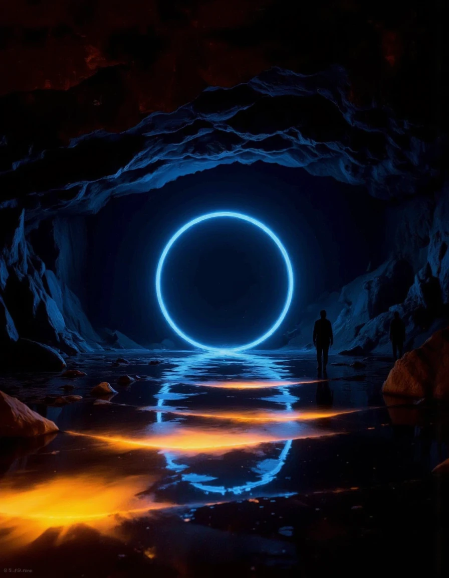 The image is an abstract digital art piece that appears to be a cave. The background is dark and the ceiling is made up of large, dark rocks that are arranged in a way that creates a sense of depth and dimension. In the center of the image, there is a large, circular light that is glowing blue. The light is casting a warm glow on the water below, creating a mirror-like effect. The water is still and reflects the light from the light. On the right side of the water, there are two figures, one standing and one walking, that appear to be silhouetted against the dark background. The figures are facing away from the camera, but their bodies are not visible in the image. The overall mood of the piece is mysterious and captivating. <lora:landscape:1>