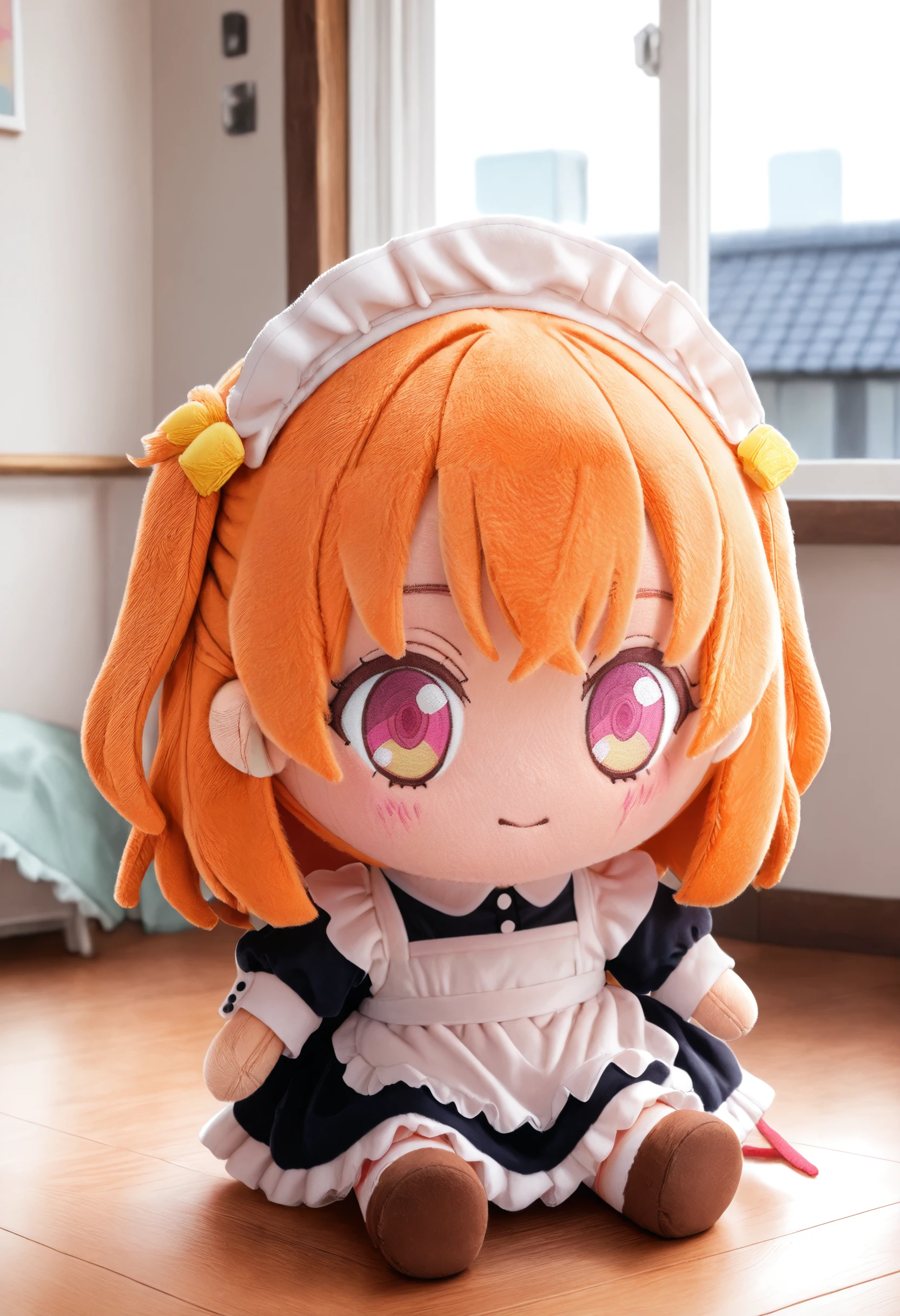 1girl,(sho \(sho lwlw\):0.7),(toosaka asagi:0.5),(sincos:0.3),solo,maid, maid headdress,
(masterpiece:1.1), (best quality:1.1), (newest:1.1), (absurdres:1.1), (highres:1.1),
character doll,chibi, sitting, full body, indoors ,<lora:characterdoll_Illust_v1:0.9>
orange hair, pink eyes,Rooftop,lightly curled inwards hair,