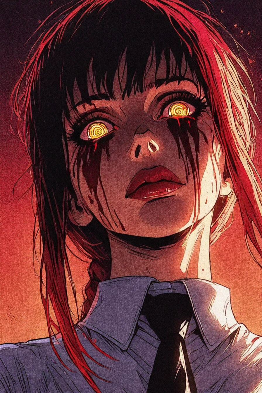 makima, red hair, long hair, yellow eyes, ringed eyes, braid, white collared shirt, black necktie, blood on eyes, 1girl, solo, alone, <lora:neon_horror_noir_illustriousXL-000021:1>, neon_horror_noir_style, close-up, masterpiece, highres
