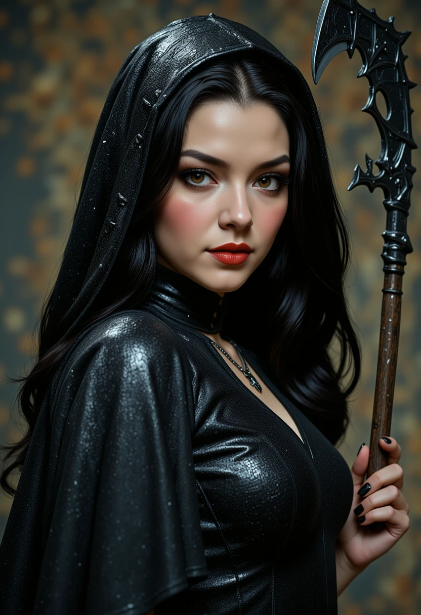 She is approximately 18 years old, full body view, dynamic angles, multiple angles, photoshoot poses; a photo of Angelic@, with dark hair, retro50s_style, a she is dressed as the grim reaper, holding a glwing scythe. Movie Poster, Atmospheric, Ultra Detailed, Suffering, Kodachrome, elaborate, intricate, atmosphere, illustrious quality, ambient background, deep rich colors, excellent composition ,making this image a masterpiece of photography and digital art. realistic. making this image a masterpiece of photography and digital art. Style: realistic hyper-detailed rendering, 32k UHD, expressive eyes, punk, graphic design, girl's face, pretty and cute, gleaming lips, telling a tale of adventure. Exuding confidence and serenity. The overall mood of the image is happy and relaxed,detailed skin texture,(blush:0.2),(goosebumps:0.3),subsurface scattering,whimsical,Detailed hand, Perfect hand. Perfection style.aidmafluxpro1.1