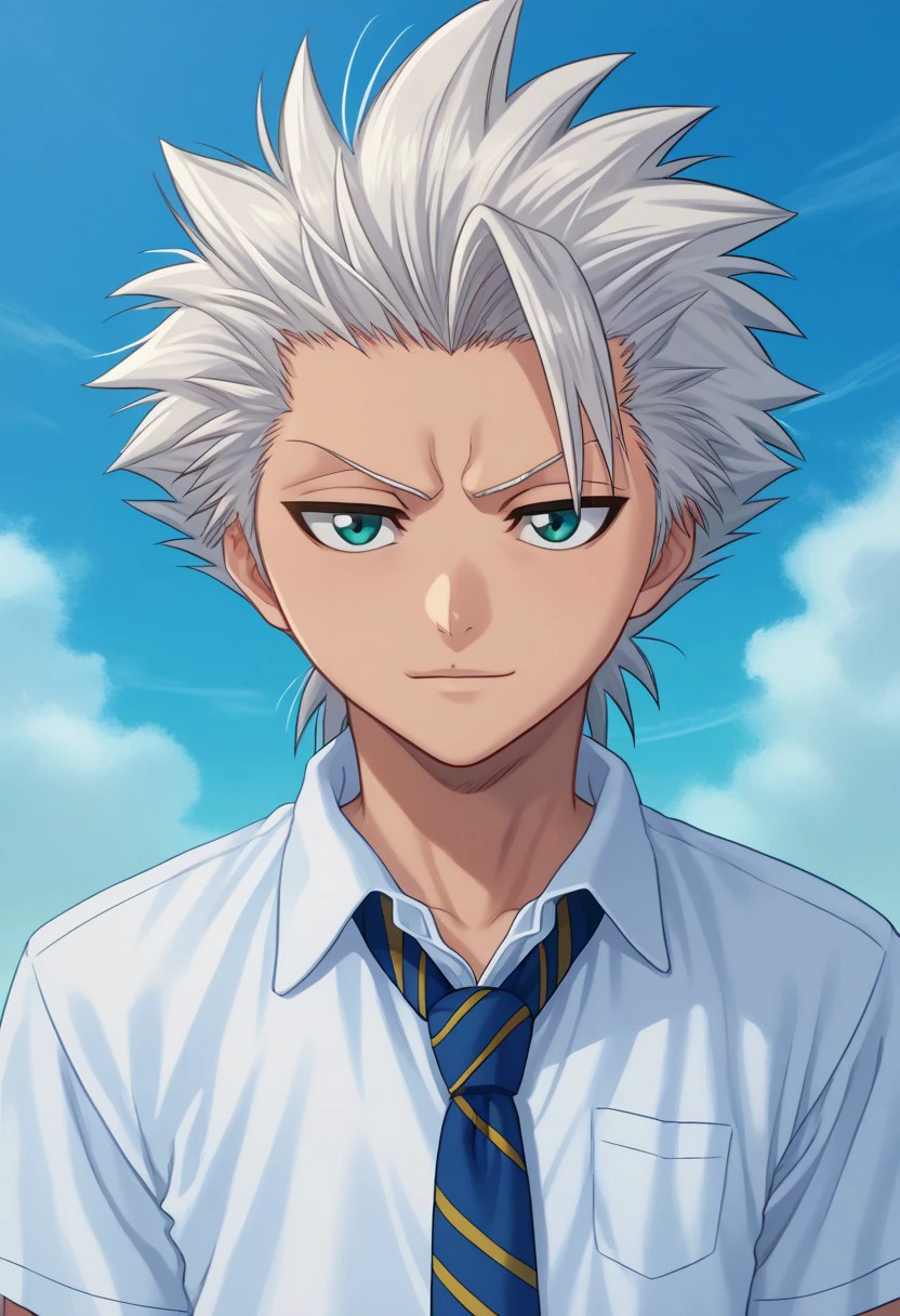 score_9, score_7_up, source_anime
toshihtsu, 1boy, male focus, solo, blue eyes, white hair, short hair, spiked hair, single bang, school uniform, shirt, white shirt, collared shirt, short sleeves, necktie, blue necktie, striped necktie,light smile
outdoor,