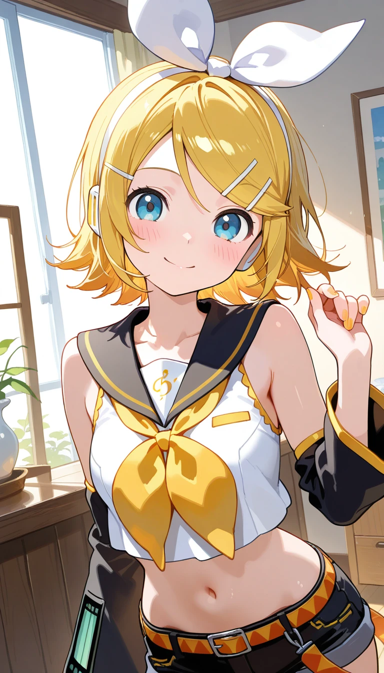 (masterpiece),best quality,amazing quality,very aesthetic,absurdres,newest,perfect body,shiny skin,perfect eyes,detail1eye,well-defined fingers,well-defined fingernails,anime style,indoors,1girl,solo,upper body,(portrait:1.5),looking at viewer,facing viewer,smile,blush,kagamine rin,short hair,blonde hair,floating hair,white hairband,hair bow,white bow,hairclip,swept bangs,blue eyes,collarbone,bare shoulders,black sailor collar,white shirt,sleeveless shirt,crop top,midriff,yellow neckerchief,black sleeves,detached sleeves,medium breasts,navel,stomach,orange belt,fringe,short shorts,black shorts,leg warmers,white footwear,<lora:Kagamine Rin(voc)-Illus-Remake:1.8>,