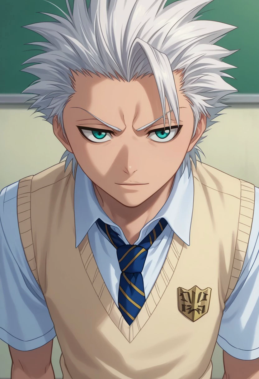score_9, score_7_up, source_anime
toshihtsu, 1boy, male focus, solo, blue eyes, white hair, short hair, spiked hair, single bang, school uniform, shirt, white shirt, collared shirt, short sleeves, necktie, blue necktie, striped necktie, vest, sweater vest, brown vest, light smile
outdoor,