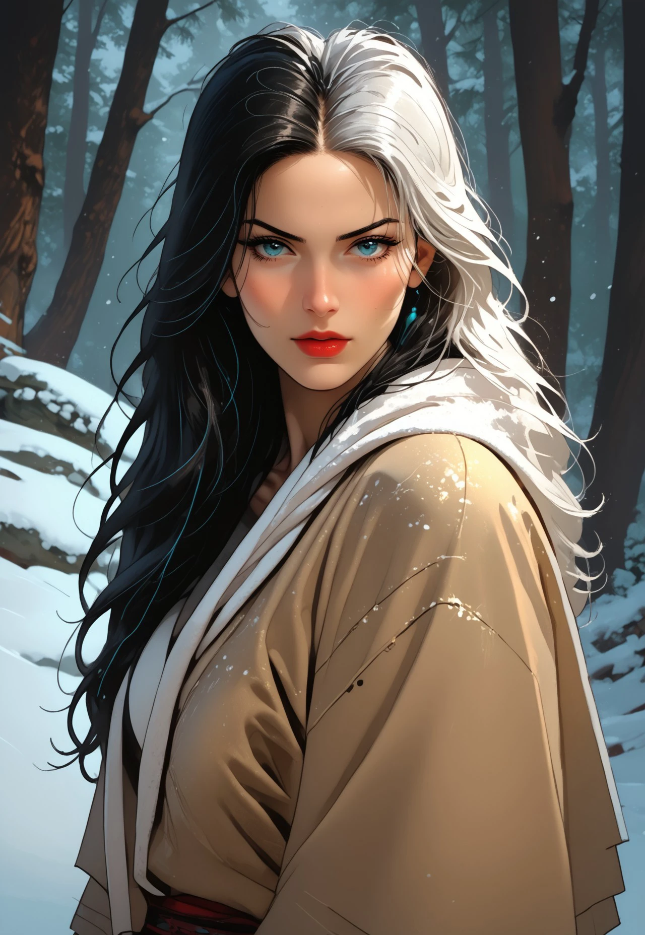 an elf warrior kneeling on snow-covered ground in a dense, dark forest of tall trees with bark textures and vertical grooves. she has long, flowing white hair with bangs framing her face and pointed ears, characteristic of an elf. She wears intricately designed silver armor adorned with brass accents, colored gemstones (red, blue, green, yellow) embedded at joints and shoulders, and a fur-lined cloak draped over her shoulders. Her expression is focused and serious as she gently holds the face of a snowy white leopard with black spots. The leopard sits next to her, and looks calmly at the viewer with striking blue eyes. Snowflakes are falling softly throughout the scene, creating a serene and mystical atmosphere. The background features more leafless trees extending into the distance, their branches covered in snow. Dim light filters through the thick canopy, casting shadows and highlights across the scene. The lighting is cool, enhancing the wintry feel of the environment and highlighting the reflective surfaces of the armor and the soft texture of the leopard's fur.