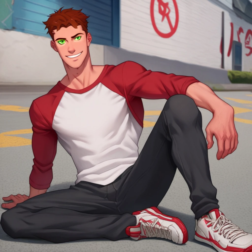 Score_9, score_8_up, score_7_up, score_6_up, score_5_up, score_4_up, source_anime, muscular, toned male, detailed background, looking at viewer, detailed eyes,  close-up, Bart_allen, green eyes, brown hair, male, smile, shirt, raglan sleeves, pants, sneakers, sitting on ground, street, daytime, 1boy, solo,
