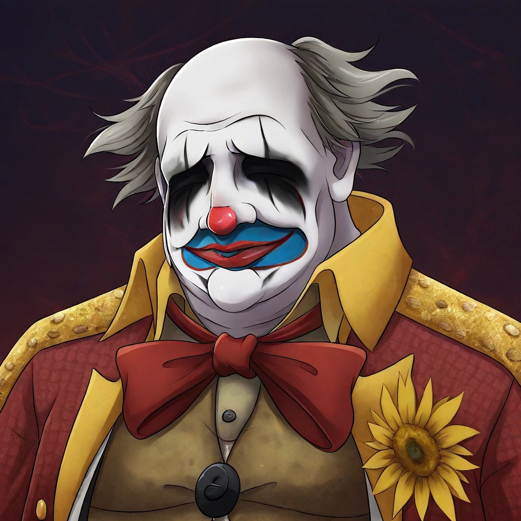 solo, 1boy, c1own, clown, fat, no eyes, painted face, grey hair, red bow, jacket, portrait, male focus,