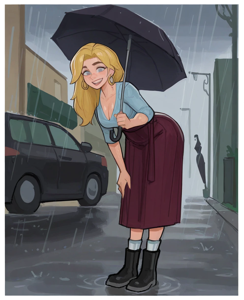 <lora:amugeaCIVITAI:1> amugea,
(masterpiece), (best quality), (ultra-detailed), amazing quality, very aesthetic, illustration, perfect composition, intricate details, absurdres, incredibly absurdres, shiny skin, realistic,
score_9, amugea, 1girl, hoop earrings, purple skirt, blonde hair, , jewelry, rain, umbrella, , motor vehicle, breasts, boots, smile, socks, long skirt, open mouth, cleavage, white border, black footwear, outdoors, black umbrella, car, shirt, standing, jacket, looking at viewer