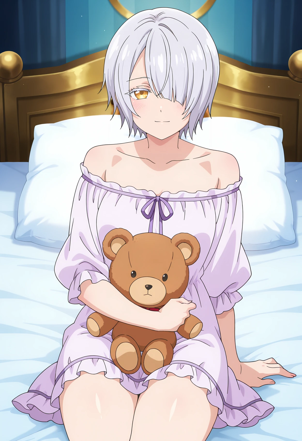 anime screencap, masterpiece, best quality,
<lora:KishukuGakkouNoJuliet_WestiaChartreux_IlluXL:0.9>,
1girl, solo, closed mouth, light smile, blush,
short hair, hair over one eye, grey hair, yellow eyes,
WestiaPajamas, nightgown, off-shoulder dress, ribbon-trimmed dress, light purple dress, purple ribbon,
yokozuwari, looking at viewer, cowboy shot, thighs,
indoors, on bed, teddy bear, pillow