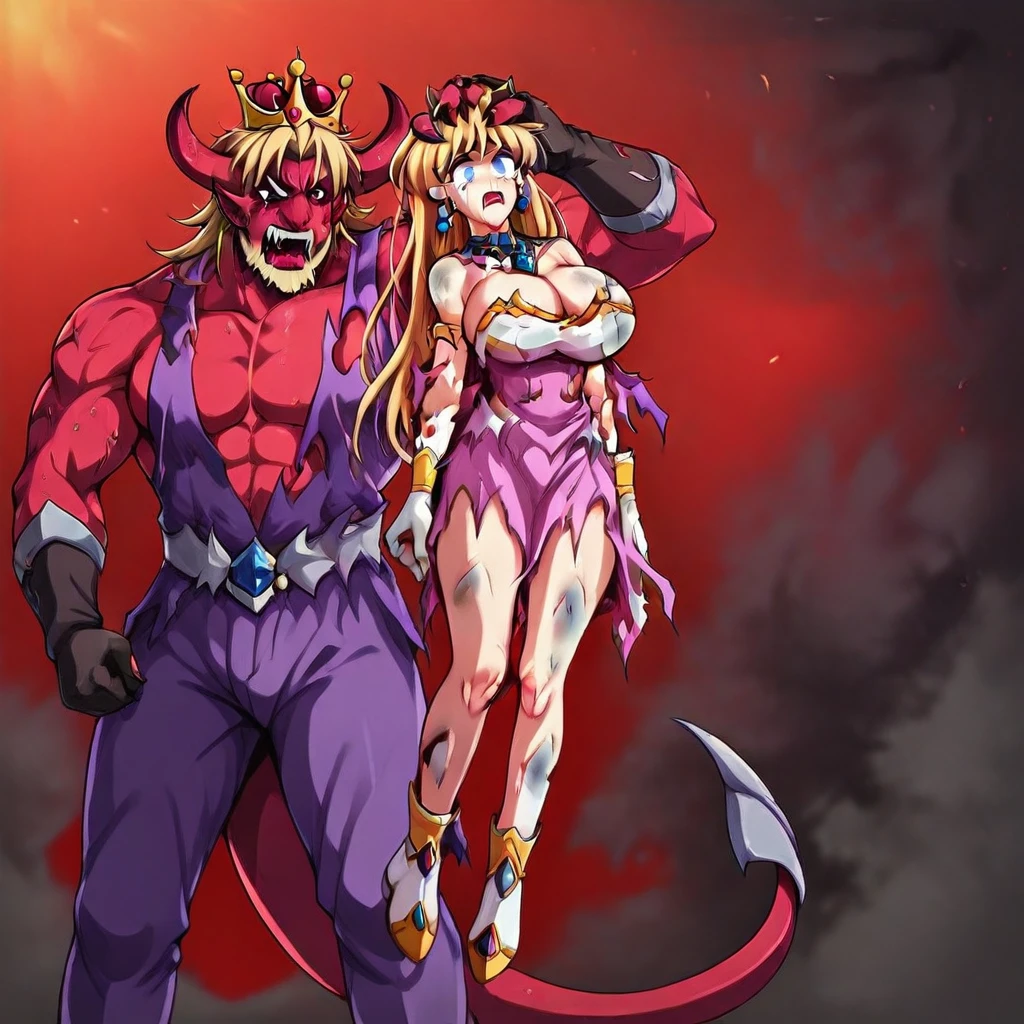 Score_9, score_8_up, score_7_up, v1ct0ry, hold by head, head grab, legs off ground, legs dangling, arms dangling, full body view, 1girl, solo, torn clothes, 1girl, 1boy, breasts, blonde hair, torn clothes, blue eyes, muscular, long hair, colored skin, large breasts, red skin, jewelry, horns, earrings, dress, cleavage, gloves, tears, crown, open mouth, muscular male, fangs, torn dress, facial hair