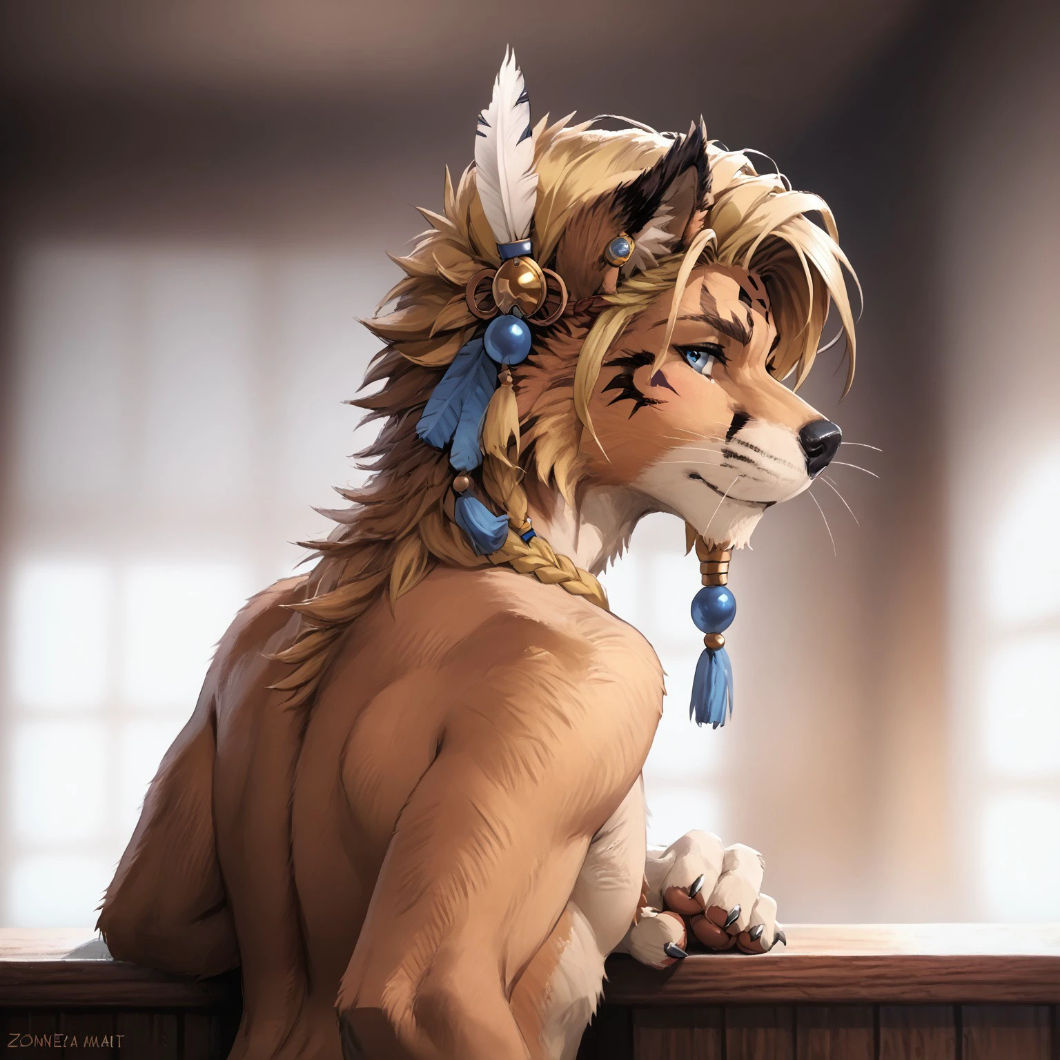 safe_pos, score_9_up, score_8_up, score_7_up, score_6_up, Score_5_up, Score_4_up,
Zaush, sn0wsk4u,
high quality, detailed, masterwork,
portrait, closeup, left view,
1boy, furry, mature male,
(twink), (footpaws), (slim waist), tall,
Nanaki, Blonde Hair, Skyblue Eyes, black face markings,
hair feather ornaments,
shirtless,