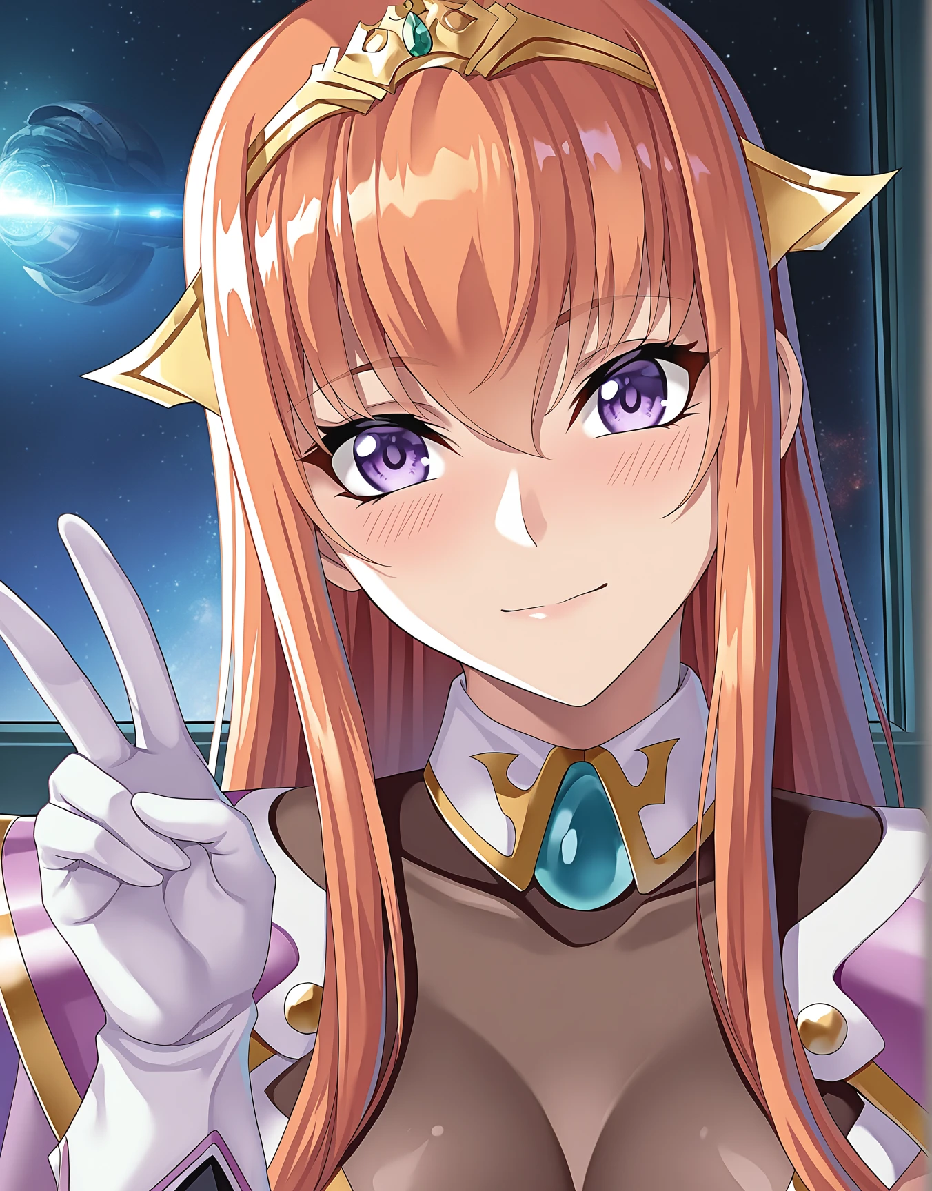 Anime girl with long red hair and purple eyes showing peace sign ...