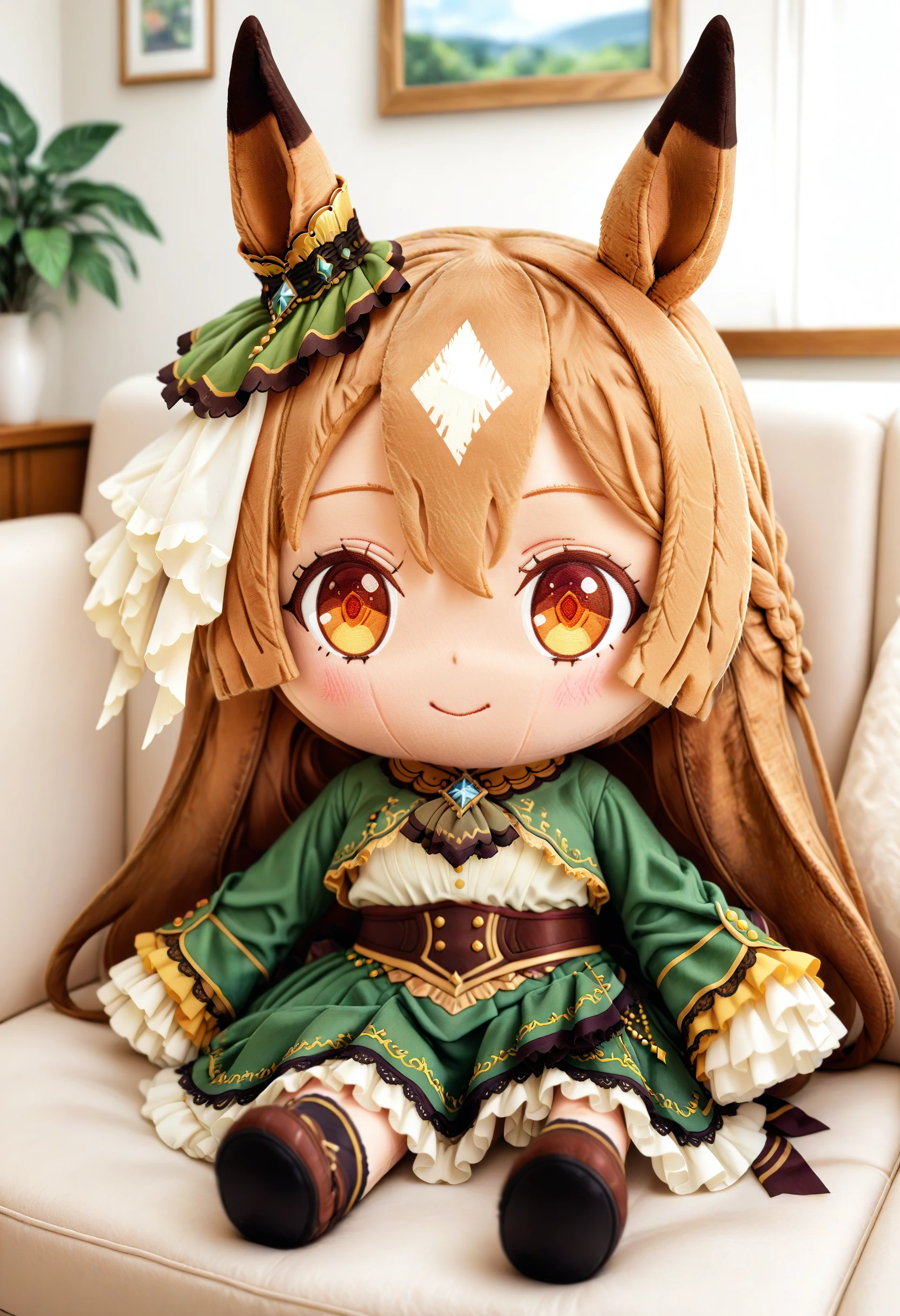 1girl, satono diamond \(umamusume\), umamusume,solo,
(masterpiece:1.1), (best quality:1.1), (newest:1.1), (absurdres:1.1), (highres:1.1),
horse ears, ear ribbon,brown hair, medium breasts, green ribbon, horse girl, very long hair, brown eyes,
green dress, sleeves past fingers,
character doll,chibi, sitting, full body, indoors, couch ,<lora:characterdoll_Illust_v1:0.8>