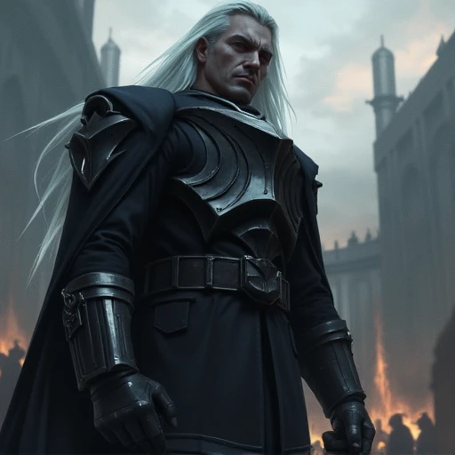 solo, Swain stands in military uniform and a black cloak, Swain levitates in military uniform and a black cloak, he looks forward with determination and sternness. A large black cloak flutters behind him. Long white hair falls to his shoulders. Authoritarian posture.