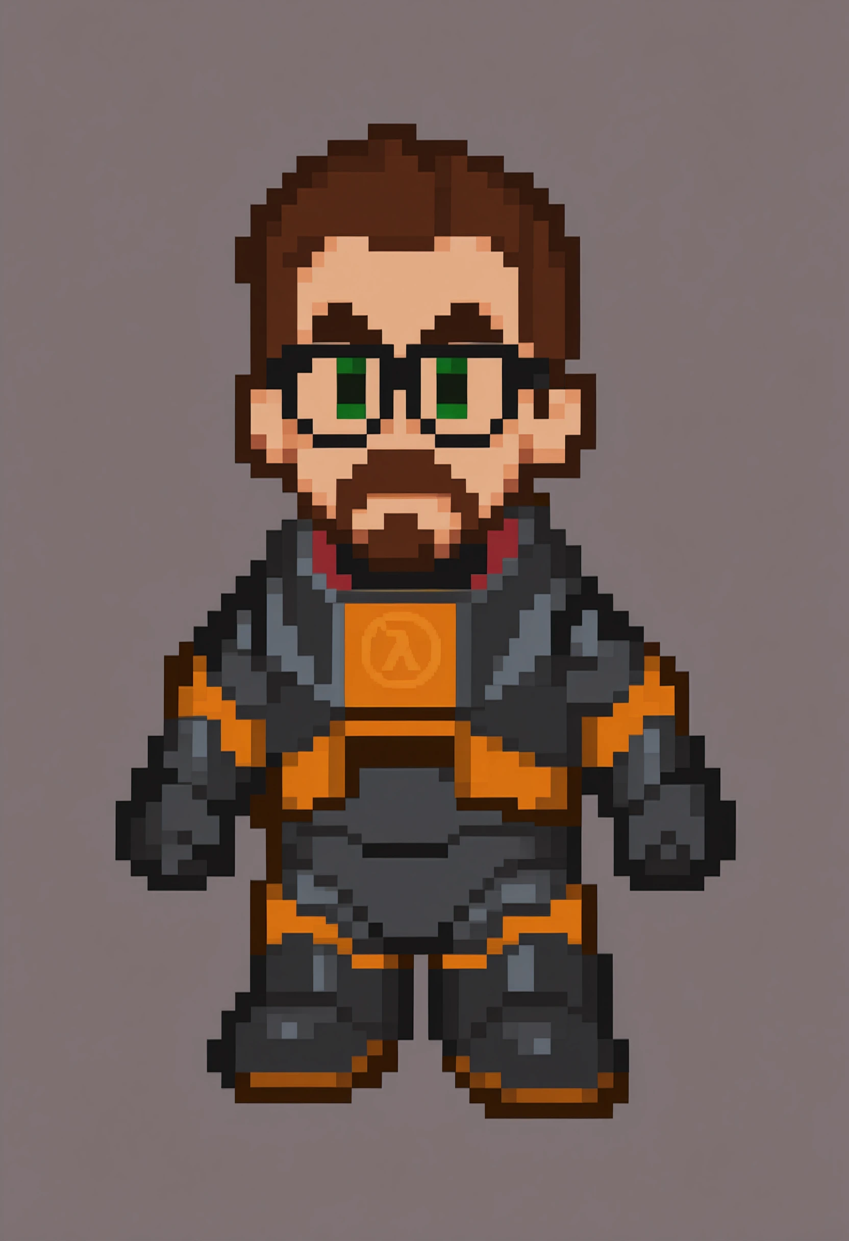 masterpiece, best quality, solo, 1boy, , looking at viewer, <lora:PM64-Sprites-illus_Fp:1>, pixel art, full body, chibi, solid oval eyes, simple background, <lora:gordonfreeman-hl-richy-v1_ixl:1>, gordonfreeman, brown hair, short hair, facial hair, glasses, green eyes, power armor