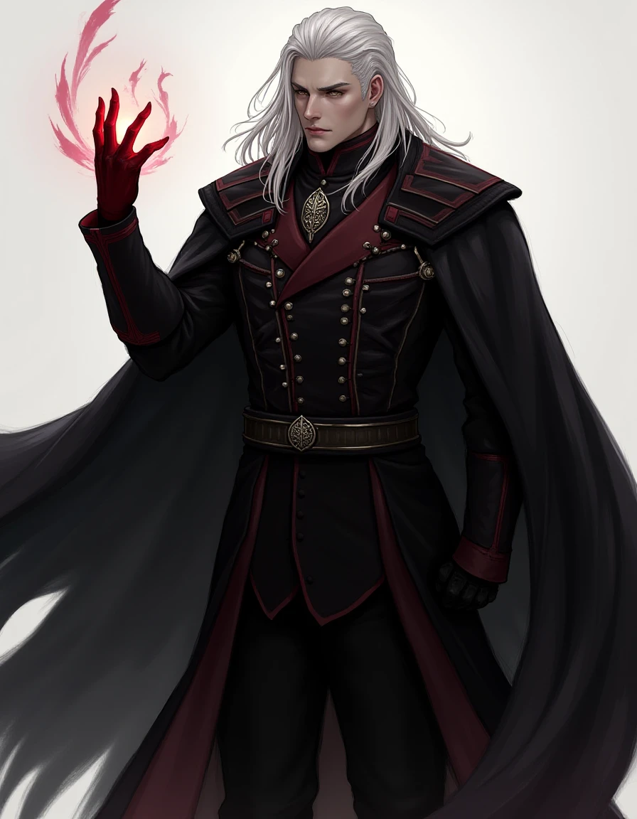 AidmaHyperrealism,realistic, high detailed, 1boy, solo, Dark Fantasy style, Swain stands in military uniform and a black cloak, his right demonic red hand is raised, he looks forward with determination and sternness. A large black cloak flutters behind him. Long white hair falls to his shoulders. Authoritarian posture. <lora:Swain_League_Of_Legends:0.5> <lora:aidmaHyperrealismv0.3:0,8> <lora:dark_fantasy_flux:0,7> <lora:Elden_Ring_-_Yoshitaka_Amano:0,5>