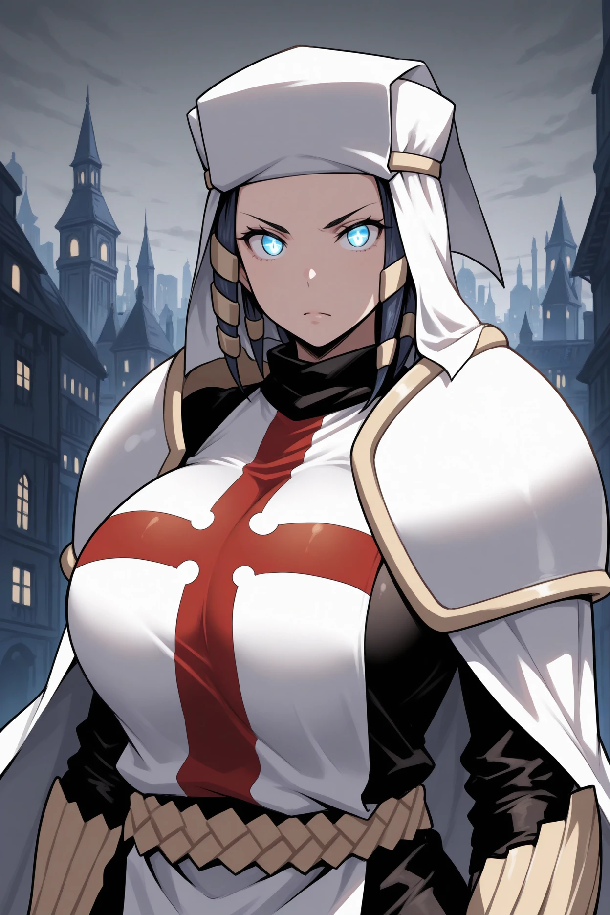 masterpiece, best quality, 1girl, solo, <lora:ffarrow-illu-nvwls-v1-000006:1> arr0w, dark blue hair, gold hair tubes, white headwear, blue eyes, glowing eyes, huge breasts, black bodysuit, red and white tabard, cross tabard, white gloves, fingerless gloves, bracers, belt, upper body, looking at viewer, serious, city, grey sky, white cape, shoulder pads, night sky, city