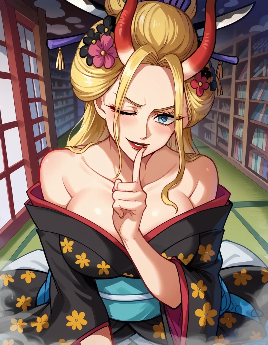 score_9, score_8_up, score_7_up, source_anime, <lora:black-maria-ponyxl-lora-nochekaiser:1>, black maria, blue eyes, long hair, blonde hair, large breasts, hair ornament, flower, horns, hair flower, lips, eyelashes, makeup, lipstick, oni horns, oni, hair stick, kanzashi, anime screencap, cleavage, bare shoulders, collarbone, japanese clothes, horns, wide sleeves, kimono, off shoulder, sash, obi, black kimono,, control tower, high, air traffic, windows, staff, , <lora:shushing-ponyxl-lora-nochekaiser:1>, shushing, finger to mouth, index finger raised, from above, library, smile, blush, one eye closed, dutch angle,, looking at viewer, solo,, cowboy shot, solo