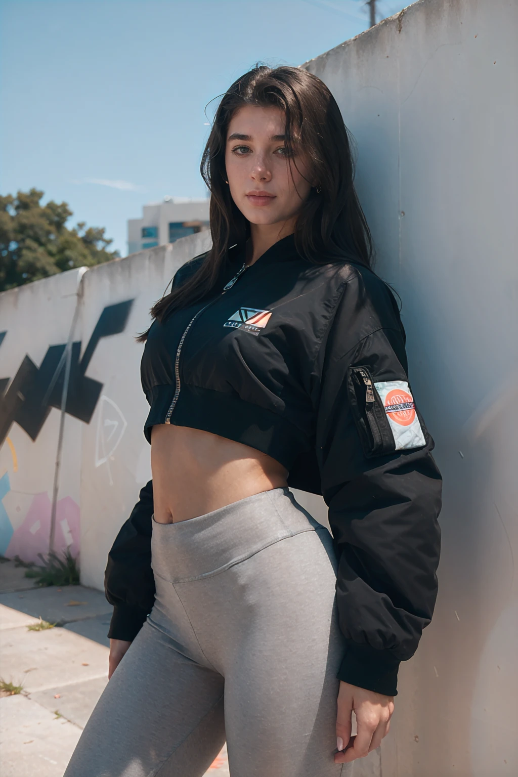 a photograph of (1girl, 23 years old, slight smile, <lora:ZH_Pa1g31nsc0_v1SD15:1>, zh_pa1g31nsc0, solo, realistic, looking at viewer), wearing (bomber jacket, crop top, leggings), from side,