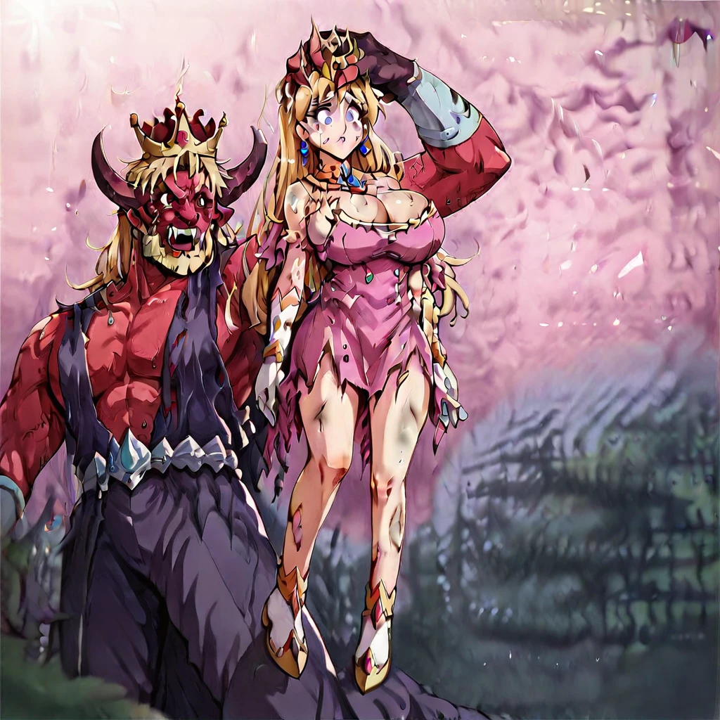 Score_9, score_8_up, score_7_up, v1ct0ry, hold by head, head grab, legs off ground, legs dangling, arms dangling, full body view, 1girl, solo, torn clothes, 1girl, 1boy, breasts, blonde hair, torn clothes, blue eyes, muscular, long hair, colored skin, large breasts, red skin, jewelry, horns, earrings, dress, cleavage, gloves, tears, crown, open mouth, muscular male, fangs, torn dress, facial hair
