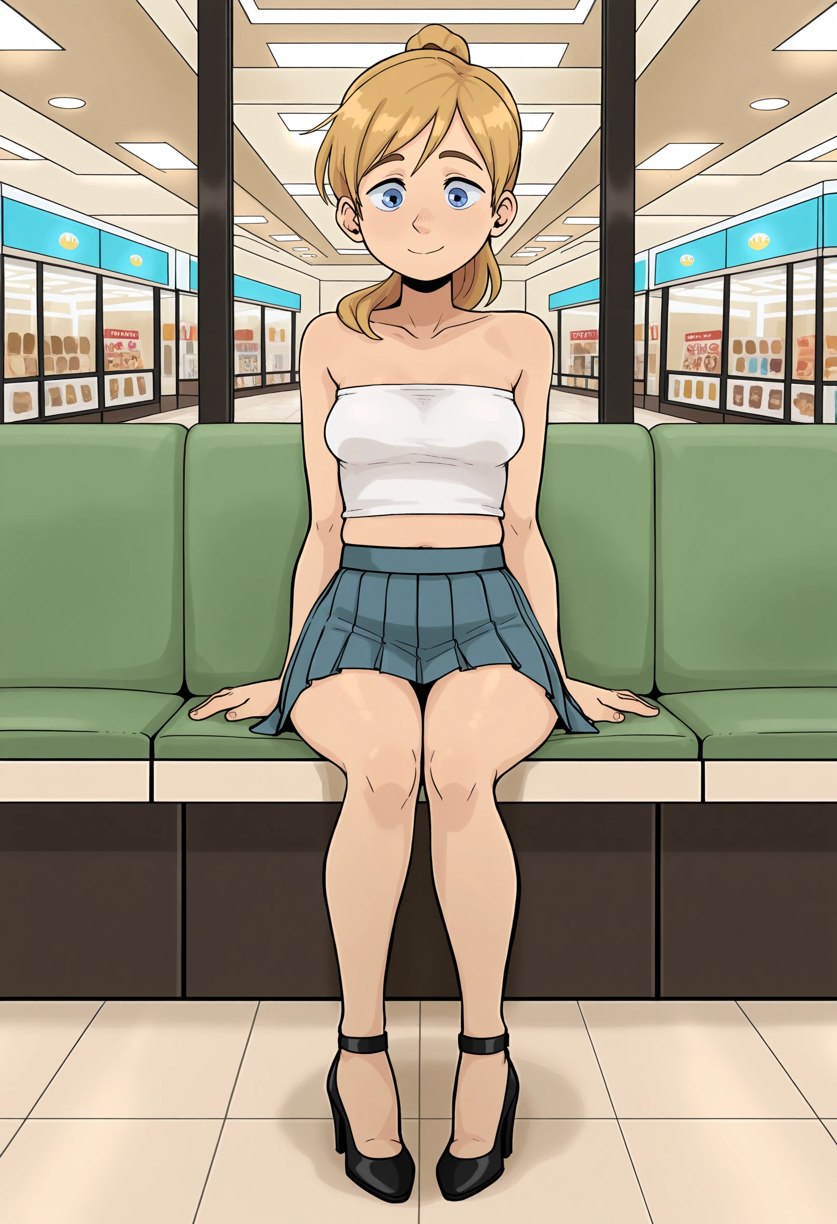 masterpiece, best quality, absurdes, 1girl, solo, full body,
(source_cartoon),
<lora:Riley Andersen (Inside Out) - Gnsisir Style (Illustrious)_v01-0:0.8>
Riley_Ander_Gnsisir, blue eyes, dirty blonde hair, ponytail, soft smile,
tube top, miniskirt, pleated skirt, high heels, sitting,
indoors, mall,
<lora:Detailer_NoobAI_Incrs_v1:0.4> detailed,