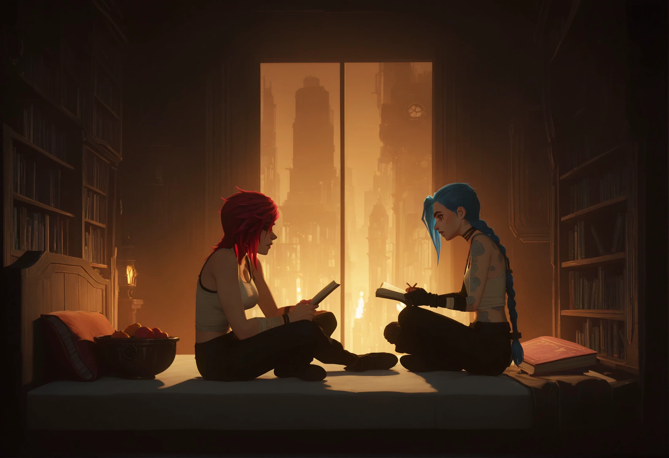masterpiece, best quality, amazing quality, very aesthetic, absurdres, newest, digital art, drawing, anime style, two women, vi (league of legends), jinx (league of legends), sitting on bed, reading, tattoos, braids, long hair, blue hair, red hair, white tank top, black pants, bandages, bracelets, green leaves, fruit bowl, bookshelf, cityscape background, fantasy setting, soft lighting, warm colors, detailed shading, relaxed atmosphere, casual clothing, urban environment, indoors, modern art style, fantasy elements, intricate designs, cozy room, personal space, intimate moment, book in hand, relaxed posture, detailed textures, expressive faces, contemporary art, cozy environment, leisure activity, creative scene, artist: unknown, realistic proportions, realistic expressions, soft textures, detailed background, fantasy genre, immersive scene, Arcane Style, <lora:23029ffd-e4e6-4870-a2b4-fb6b510c1f0b:0.8>