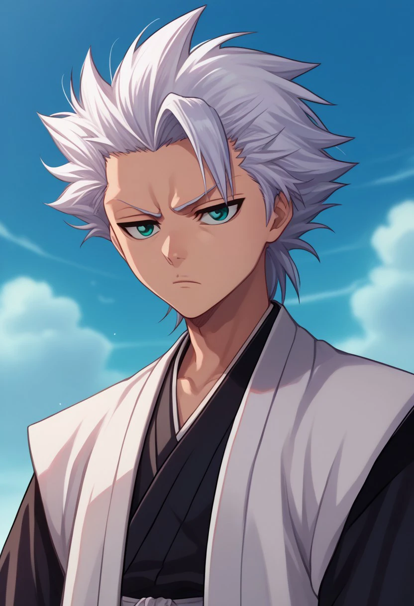 score_9, score_7_up, source_anime
toshihtsu, 1boy, male focus, solo, blue eyes, white hair, short hair, spiked hair, single bang, japanese clothes, kimono, black kimono, long sleeves, wide sleeves, hakama pants, black pants, haori, white haori, upper body, serious
outdoor, sky