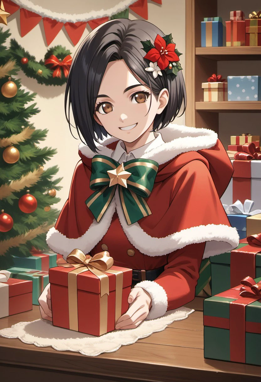 score_9, score_8_up, score_7_up, source_anime, rinwell, short hair, black hair, brown eyes, 1girl, hair ornament, christmas tree, christmas, smile, hair flower, flower, box, capelet, gift