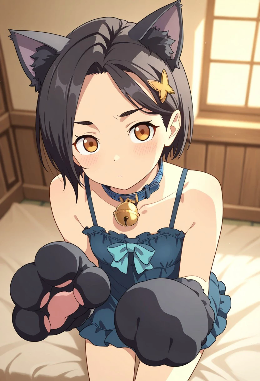masterpiece,best quality,amazing quality,rinwell, short hair, black hair, brown eyes, animal ears, solo, 1girl, cat ears, animal hands, bell, neck bell, cat paws, bow, collar