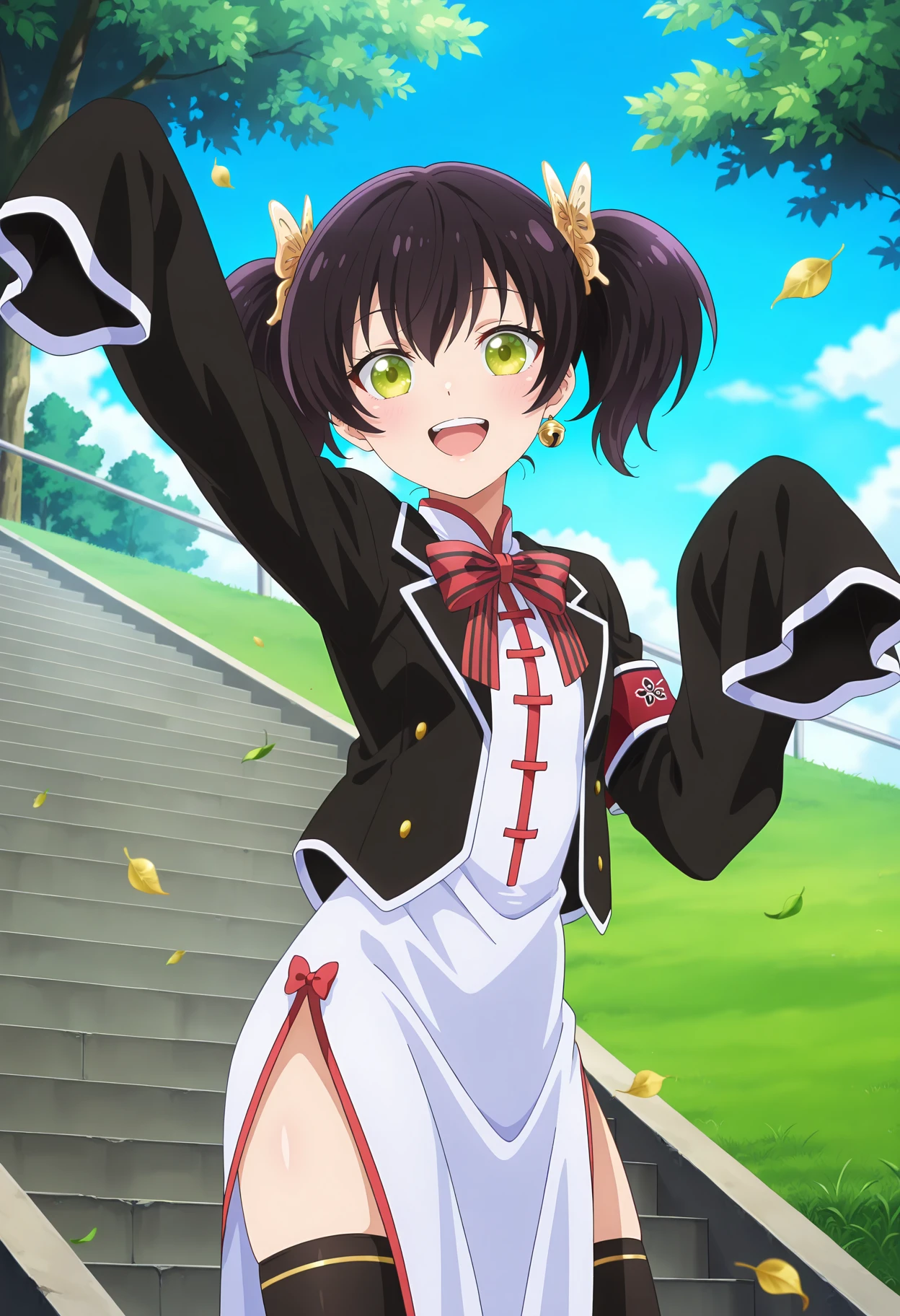 anime screencap, masterpiece, best quality,
<lora:KishukuGakkouNoJuliet_WangKochou_IlluXL:0.9>,
1girl, solo, open mouth, smile, upper teeth only,
short twintails, black hair, green eyes, butterfly hair ornament, bell earrings, single earring,
KochouSchool, blazer, open jacket, black jacket, china dress, long dress, white dress, striped bowtie, sleeves past fingers, armband, black thighhighs,
standing, looking at viewer, cowboy shot, thighs,
outdoors, school, tree, grass, stairs, falling leaves