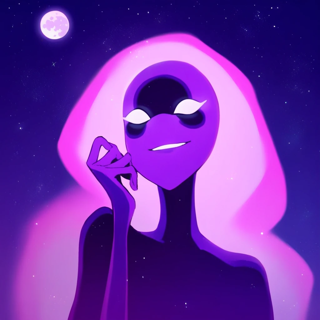 BREAK score_9_up, score_8_up, score_7_up, source_anime, 1girl, solo, smile, Anodite, alien, alien girl, purple skin, glowing hair, pink hair, white eyes, no pupils, night, moon, stars, outer space,