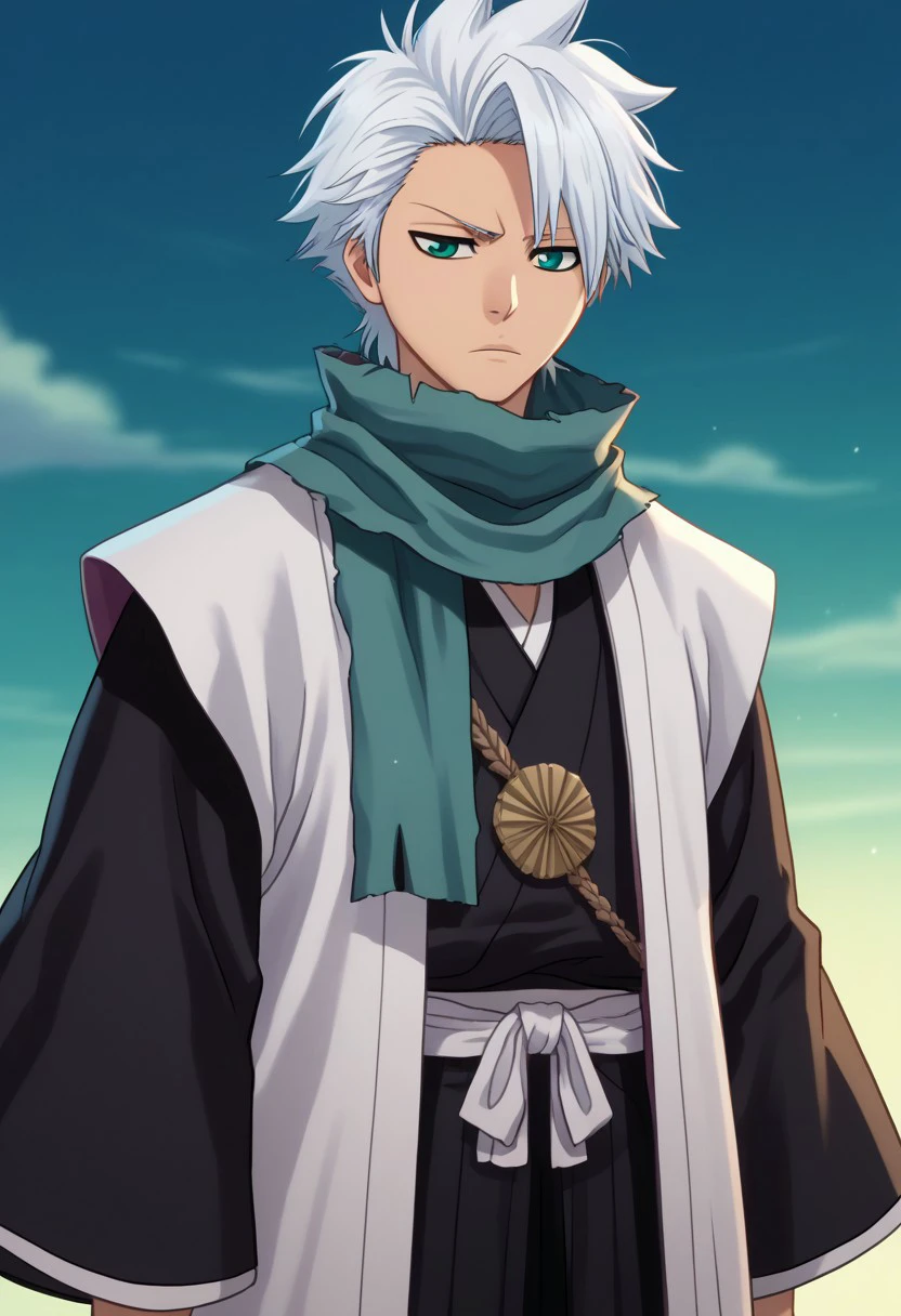 score_9, score_7_up, source_anime
toshihtsu, 1boy, male focus, solo, aged up, blue eyes, white hair, short hair, spiked hair, japanese clothes, scarf, blue scarf, kimono, black kimono, long sleeves, wide sleeves, hakama pants, black pants, haori, white haori, upper body
outdoor,