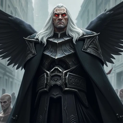 he looks forward with determination and sternness. A large black cloak flutters behind him. Long white hair falls to his shoulders. Authoritarian posture., he looks forward with determination and sternness. A large black cloak flutters behind him. Long white hair. Authoritarian posture., he looks forward with determination and sternness. Long white hair falls to his shoulders. Authoritarian posture., he looks forward with glowing red eyes