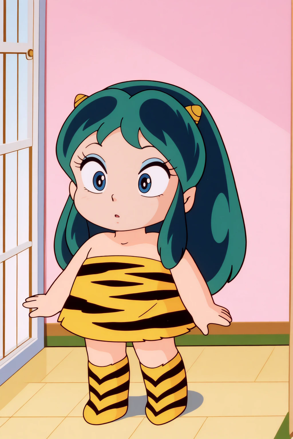 newest, Lum, child, tiger print strapless_dress <lora:Urusei_Yatsura_80s-Lum-Illustrious:0.8>