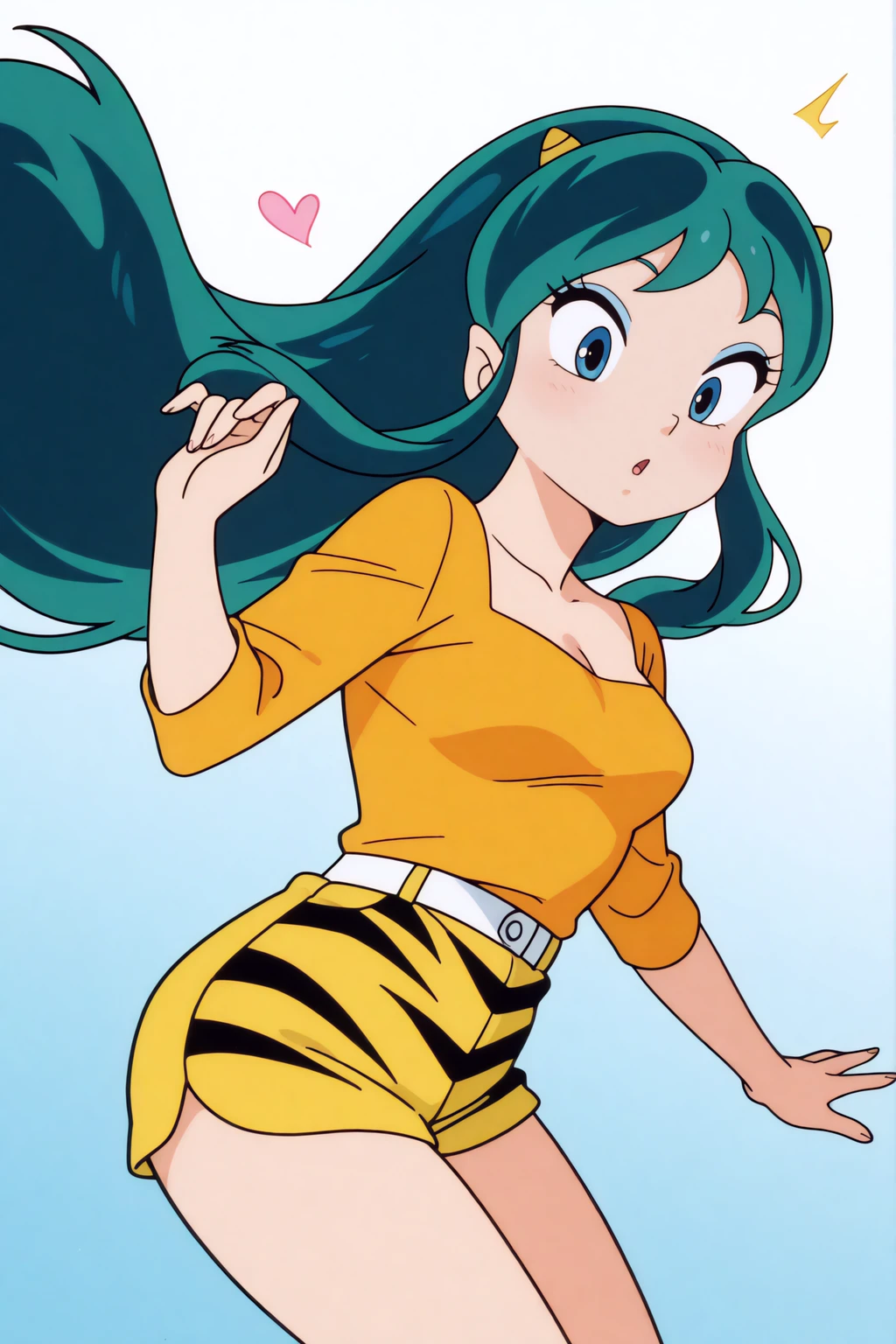 score_9, score_8_up, score_7_up, lum, solo, retro artstyle, 1980s style, breasts, blue eyes, eyeshadow, green hair, bangs, aqua hair, tsundere, dynamic angle, large breasts, large ass, loose cropped tiger-stripped sweatshirt, underboob, (cameltoe:0.6), skinny, thong, flashy clothing colors, textured clothing, embarrassed, japanese garden, bright sunny background, ExpressiveH, scenery, ultradetailed, highdefinition, ((flying, floating in air, anime japanese town, fly over houses, floating hair, wide view, from far)), pout, yandere, sparkling eyes, motion blur, wide shot, emotional expression, vintage comic style