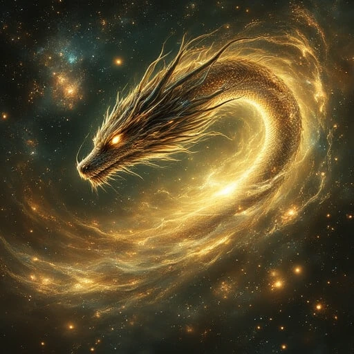 creating a mesmerizing, and wispy tendrils of smoke or mist swirl around it, is depicted in intricate detail with scales that shimmer and glow in hues of gold, mythical appearance. Its head is elongated and serpent-like, blending seamlessly with the cosmic background. Its body is elongated, sinuous form, flowing coil, serpentine dragon soaring through the sky, serpentine