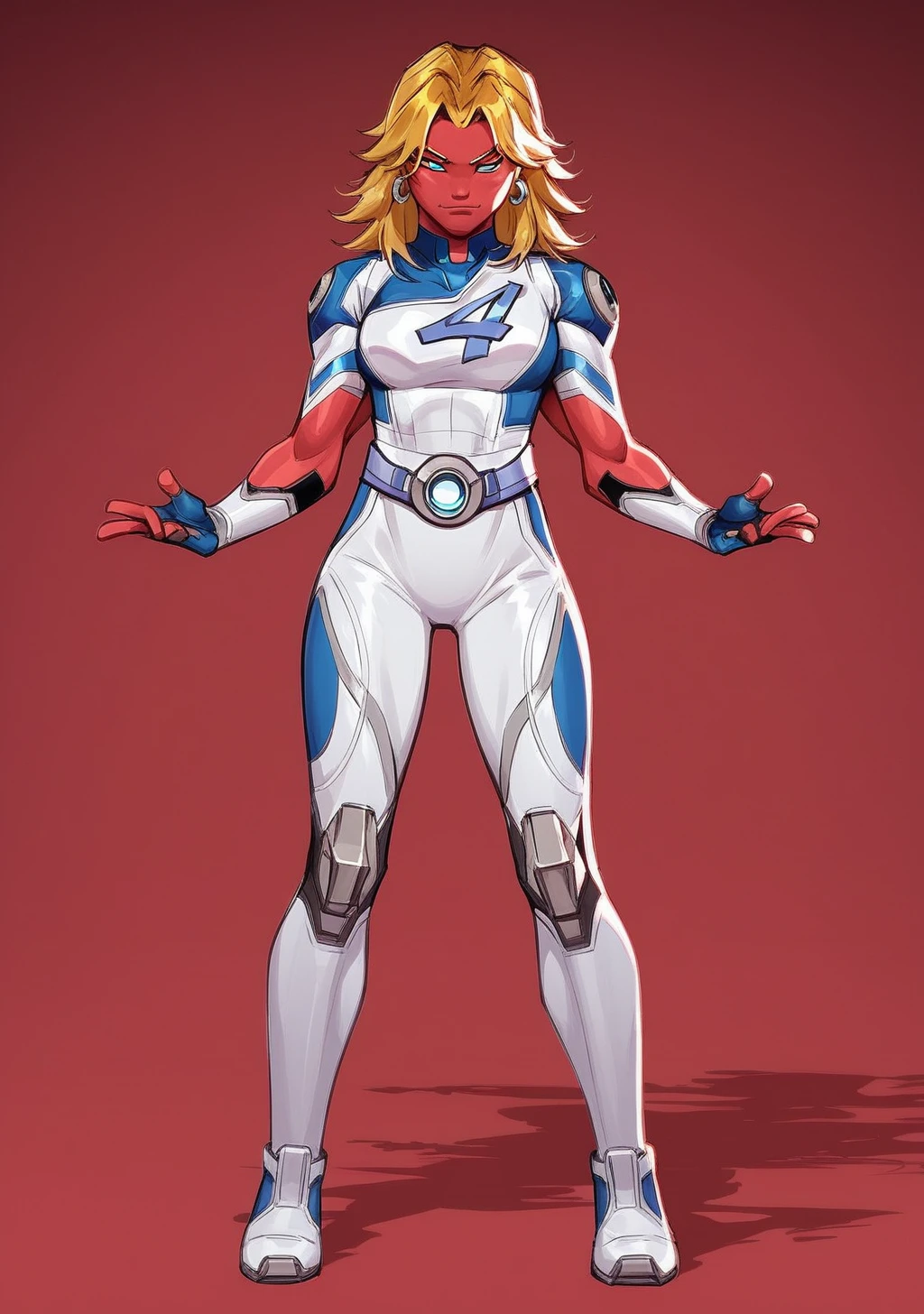 score_9, score_8_up, score_7_up, score_6_up, score_5_up, score_4_up, masterpiece, high quality, BREAK, full body, BREAK, <lora:Susan_Storm__Invisible_woman_Marvel_Rivals_Pony:0.8> sue storm (marvel rivals), susan storm, sue storm, blue outfit, earrings, blue eyes, "4" symbol, blonde hair, <lora:Tetramand_Ben10_Pony_XL:0.8> red skin, muscular, 4arms, multiple arms, multiple eyes, 4eyes, ben10, large, alien, colored skin,