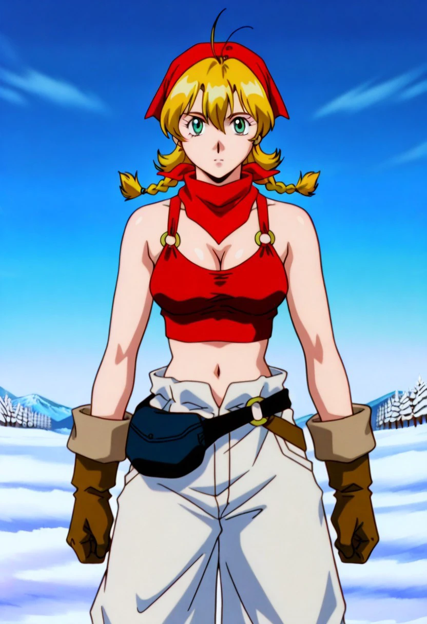official art, masterpiece, best quality, absurdres, very aesthetic, 1girl, female focus, solo, AWGXS, anime screenshot, retro artstyle,1990s (style), cel animation, anime coloring, 1girl, female focus, solo, mana_utm, twin braids, blonde hair, flipped hair, ahoge, red bandana, bare shoulders, red crop top, o-ring top, cleavage, navel, gloves, brown gloves, white pants, baggy pants, fanny pack, cowboy shot, high heel boots, standing, looking at viewer, outdoors, snow, day,