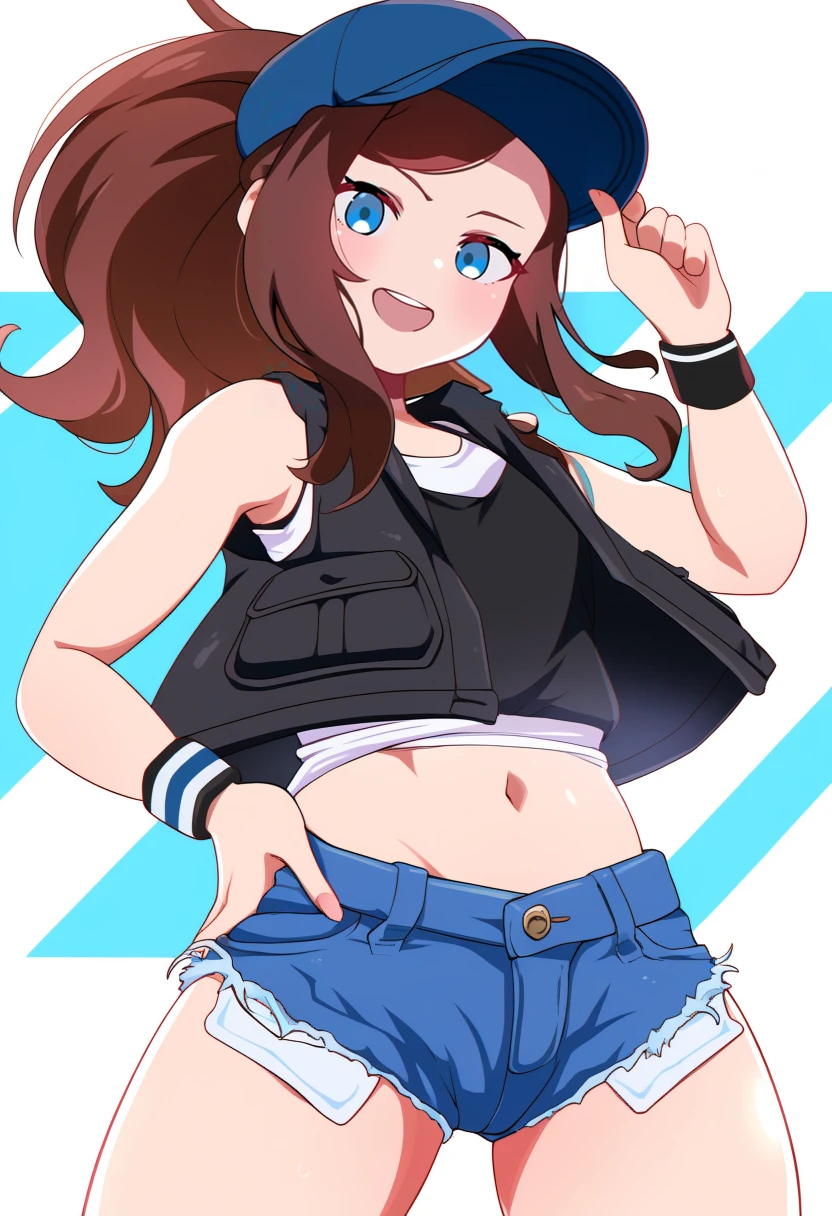 Very detailed photo of a girl with brown hair..., medium ass and thick thighs wearing shorts with white t-shirt and black vest, The girl is sexually excited and her breasts and vagina are visible through her clothes