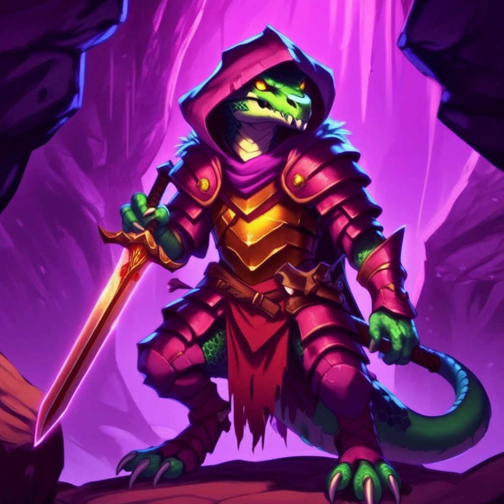 anime artwork <lora:Kobolds - sdxl1.0:1> armor, blood, furry male, green skin, holding book, holding sword, holding weapon, hood, kobolds, monster, no humans, scales, skull, solo, standing, tail, weapon, yellow eyes, deep cavern, background is purple amethyst mine . anime style, key visual, vibrant, studio anime, highly detailed