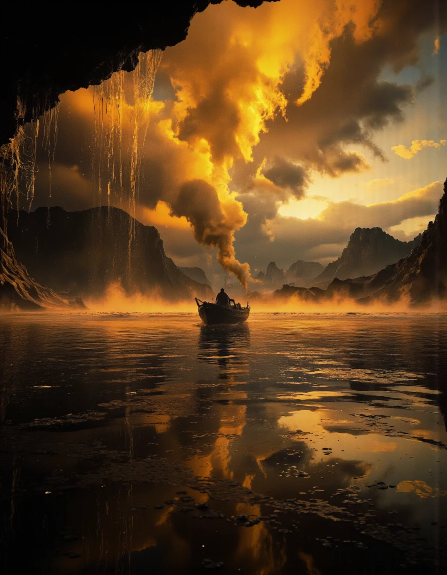 A highly detailed cinematic photography.
Boat, dripping, water, reflections, transparency, provoking, vivid color, Mordor: A dark and evil land ruled by the dark lord Sauron, Ernst Haas, golden hour. <lora:landscape:1>