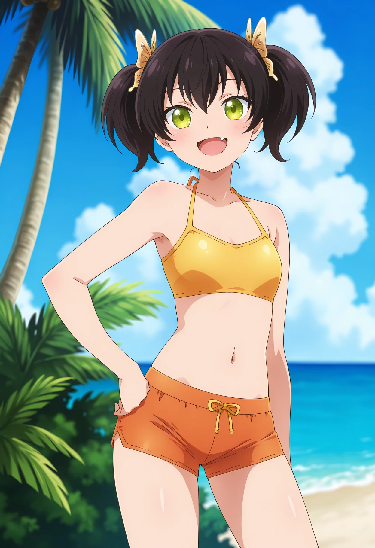 anime screencap, masterpiece, best quality,
<lora:KishukuGakkouNoJuliet_WangKochou_IlluXL:0.9>,
1girl, solo, open mouth, smile, fang,
short twintails, black hair, green eyes, butterfly hair ornament,
KochouBikini, yellow bikini, bikini shorts, orange shorts,
contrapposto, hand on own hip, looking at viewer, cowboy shot, thighs,
horizon, beach, palm tree, day, blurry background