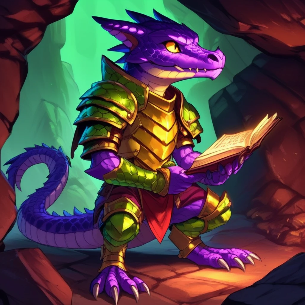 anime artwork <lora:Kobolds - sdxl1.0:1>1boy, armor, full body,male, holding, knife, kobolds, male focus, no humans, open book, scales, reptile, simple background, solo, standing, tail, weapon, yellow eyes, deep cavern, background is purple green jade abandoned mine . anime style, key visual, vibrant, studio anime, highly detailed