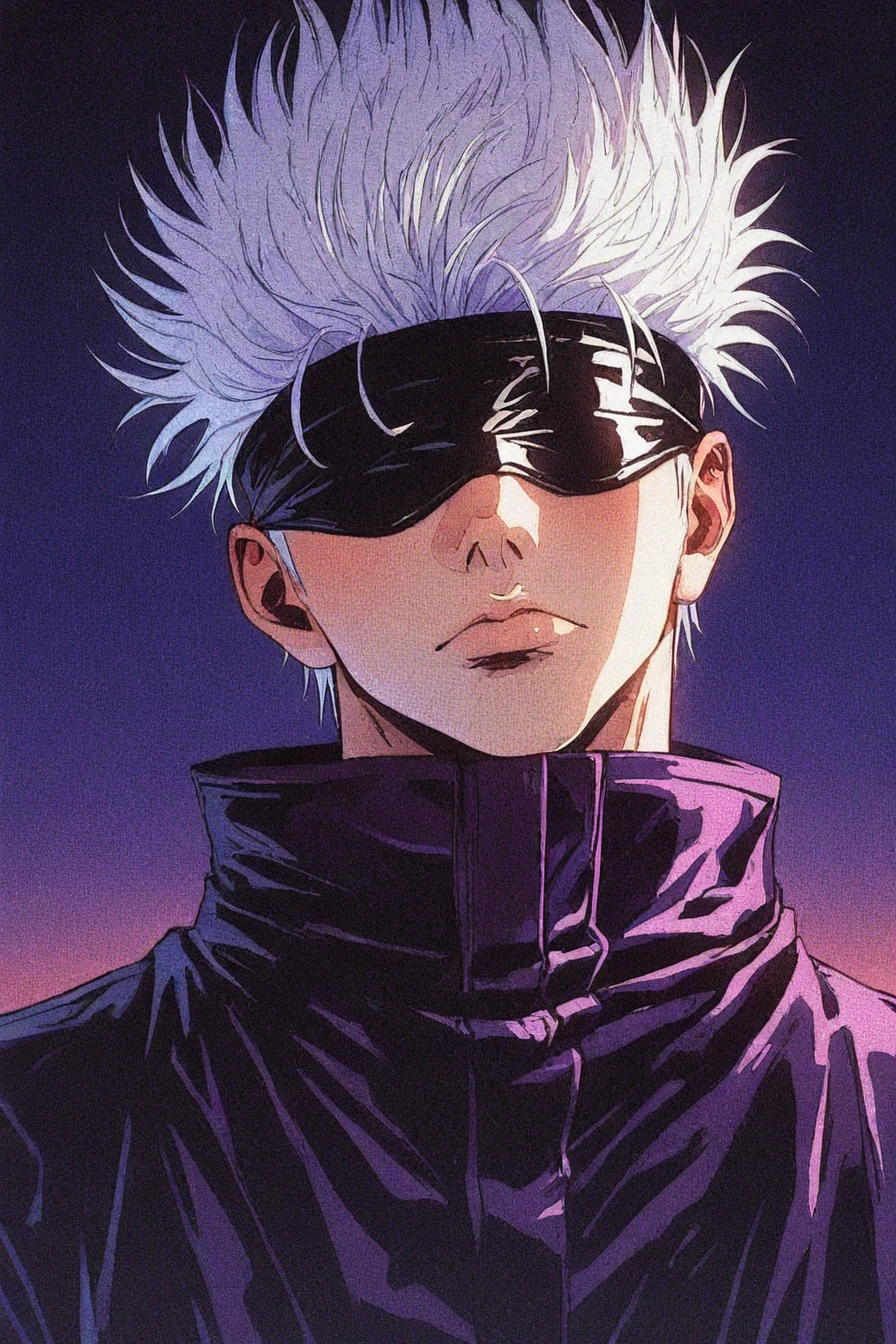 <lora:GojoSatoruPony:0.6> SatoruGojo, gojou satoru, white hair, purple pants, high collar, blindfold, covered eyes, black blindfold, purple jacket, 1boy, solo, alone, <lora:neon_horror_noir_illustriousXL-000021:1>, neon_horror_noir_style, close-up, upper body, masterpiece, highres