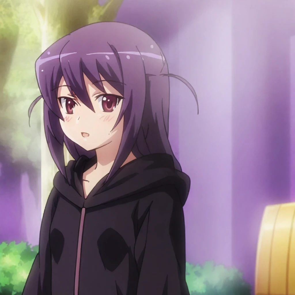 1girl, solo, cowboy shot, smile, shuvi, hair between eyes, purple hair, yellow eyes, yellow hoodie, hood down, hair ornament, headgear <lora:shuvi:0.8>