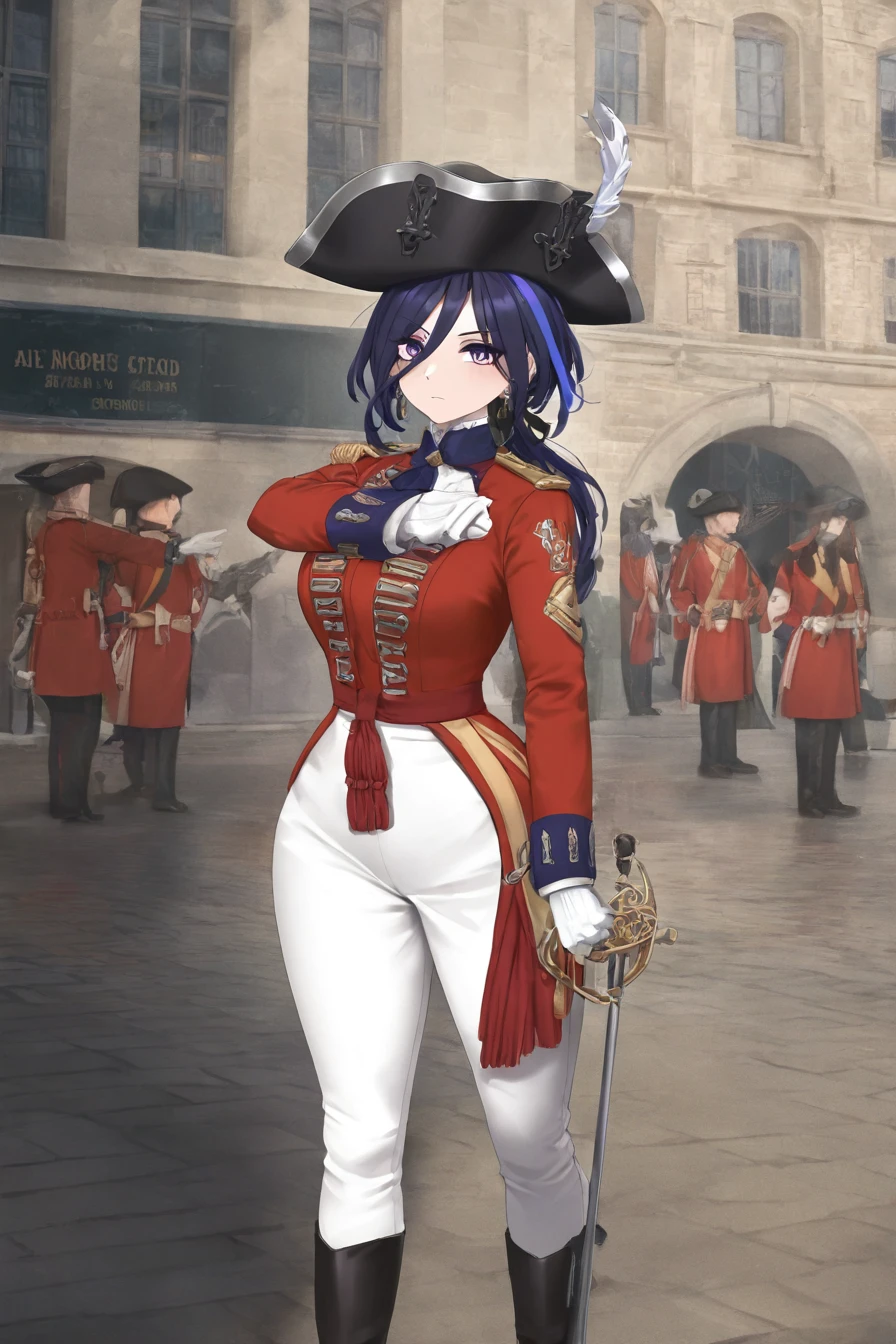 people,characters,copyright,style,general tags,rating,masterpiece,best quality,good quality,newest,
street,outdoors,victorian european architecture,
1girl,solo,solo focus,<lora:redcoat uniform-v3IL:1>,
military_uniform,uniform,standing,epaulettes,military,white_pants,red_jacket,wide bicorne,bicorne hat,white pants,napoleonera,redcoat,british army officer,holding rapier,fold-over boots,
expressionless,wide hips,narrow waist,slim sexy body,large breasts,mature female,
clorinde,purple hair,blue hair,streaked hair,purple eyes,black headwear,white gloves,earrings,hat feather,