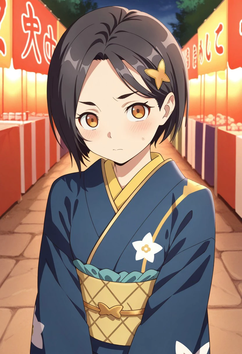 masterpiece,best quality,amazing quality,rinwell, short hair, black hair, brown eyes, 1girl, solo, kimono, japanese clothes, festival